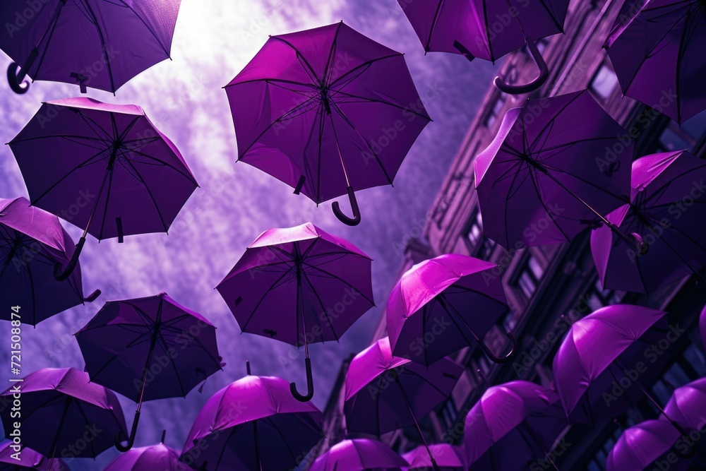 Poster A group of purple umbrellas floating in the air. Perfect for adding a pop of color and whimsy to any project