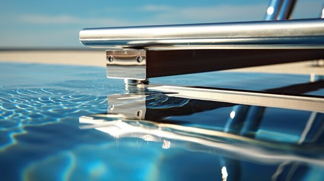 A detailed close-up shot of a metal object submerged in a pool. This image can be used to showcase the texture and reflection of metal in water.