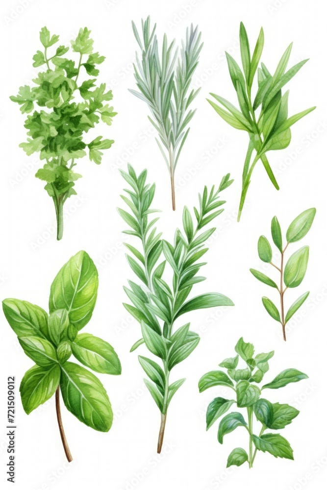 Poster a collection of different types of herbs displayed on a clean white background. this versatile image