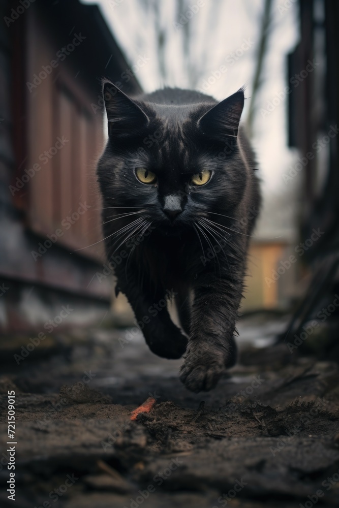 Poster A black cat running on the ground. Suitable for various uses