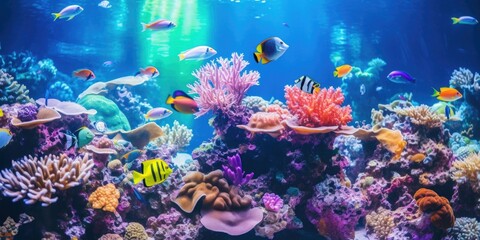 A fish tank filled with a diverse range of fish. Can be used to showcase the beauty of different...