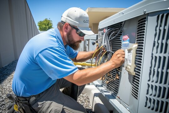 A man is seen working on an air conditioner. This image can be used to illustrate HVAC repair or maintenance services