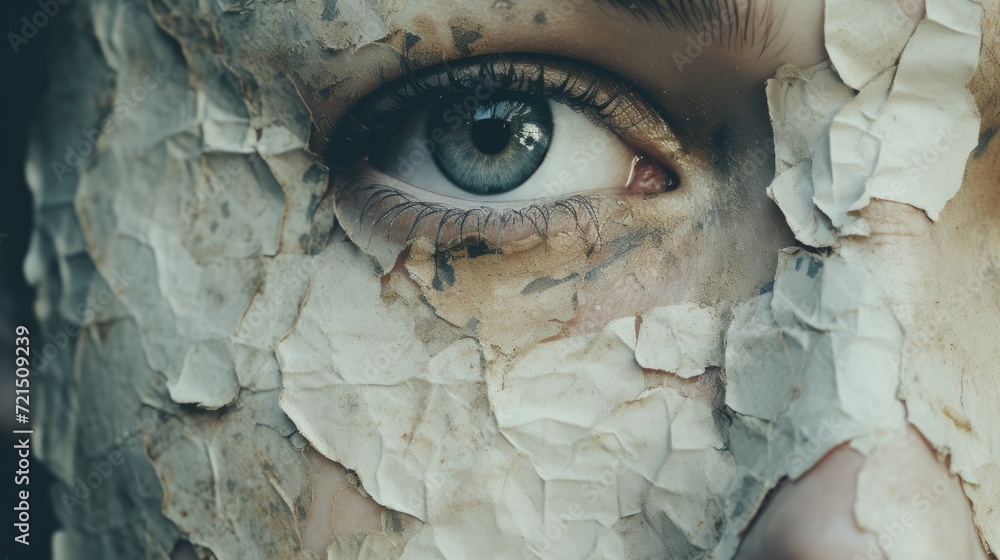 Poster a detailed view of a person's eye with peeling paint on the surface. this image can be used to depic
