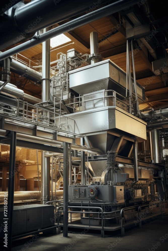 Poster a picture of a factory with a conveyor belt in the middle. suitable for industrial and manufacturing