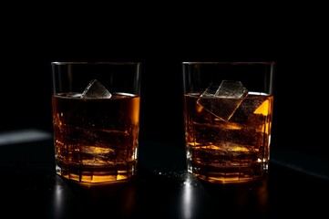 Two glasses of whiskey with ice on a black background, selective focus