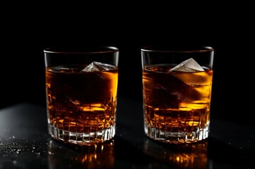 Two glasses of whiskey with ice on a black background, selective focus