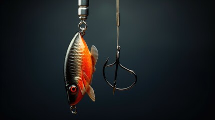 A fish is hooked to a fishing hook. Suitable for fishing-related concepts and illustrations - obrazy, fototapety, plakaty