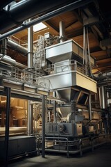 A picture of a factory with a conveyor belt in the middle. Suitable for industrial and manufacturing themes