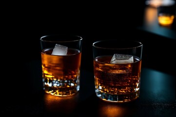 Two glasses of whiskey with ice on a black background, selective focus