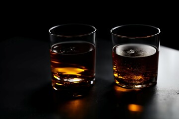 Two glasses of whiskey with ice on a black background, selective focus