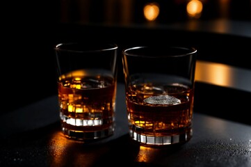 Two glasses of whiskey with ice on a black background, selective focus