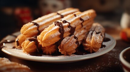 A plate of chocolate covered waffles on a table. Perfect for breakfast or dessert