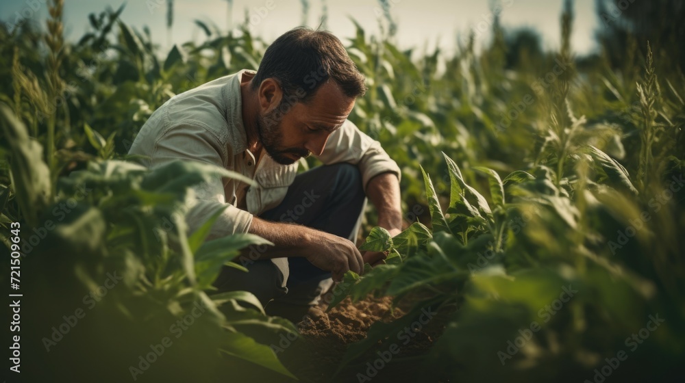 Poster a man crouches down in a corn field, ready for work. ideal for agricultural and farming concepts
