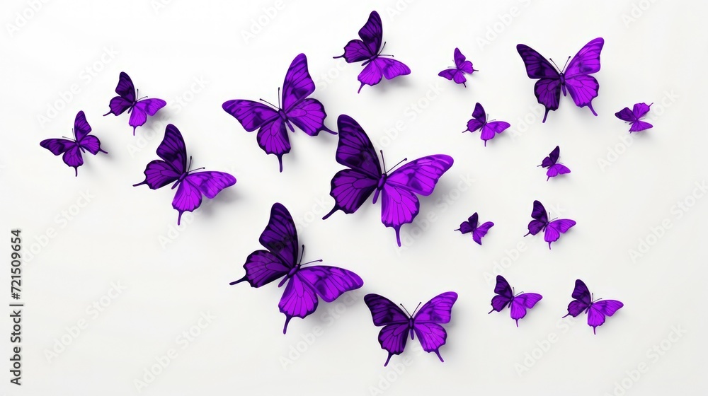 Poster a group of purple butterflies gathered on a white surface. perfect for nature enthusiasts or those l