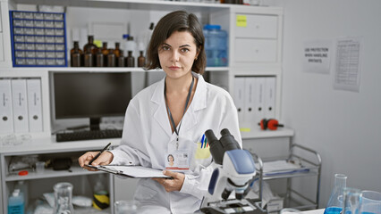 Focused young, beautiful hispanic woman scientist meticulously taking notes on clipboard during crucial experiment in bustling laboratory