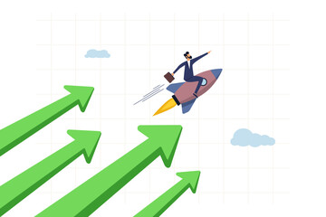 Businessman riding rocket booster with growth arrow. Financial growth, innovation boost profit or sales, growing business for success concept.