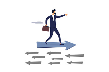 Businessman riding arrow in different direction or other people or mainstream. Contrary investment.