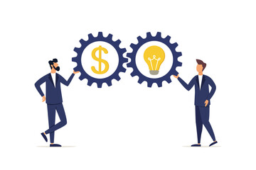 Business people connect equipment, mechanisms with a bulb and a dollar sign. New applications and activations in the production business, development or concept of the organization in achieving succes