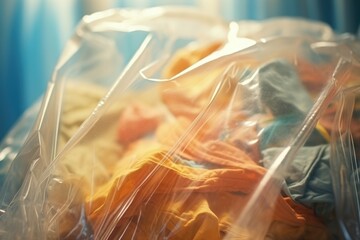 A plastic bag filled with clothes sitting on top of a bed. This versatile image can be used to depict moving, packing, or organizing clothes
