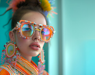 Fototapeta na wymiar Fashion editorial Concept. Closeup portrait of pretty woman with oversized sunglass glasses accessories jewelry of candy loud 70s colourful retro beads rhinestone mirror yarn resin. copy text space