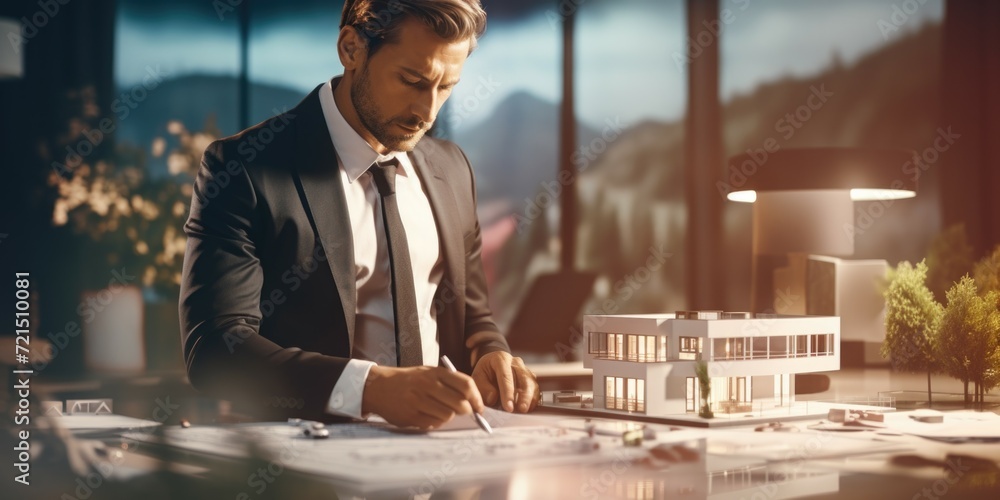 Aufkleber a man in a suit writing on a piece of paper. suitable for business and office-related concepts