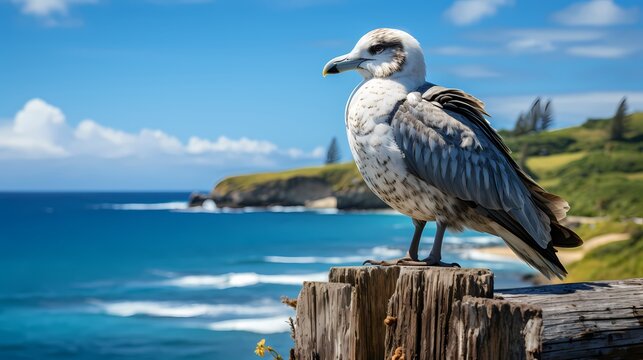 A close-up of a seagull perched on a weathered wooden post, overlooking the cobalt blue ocean