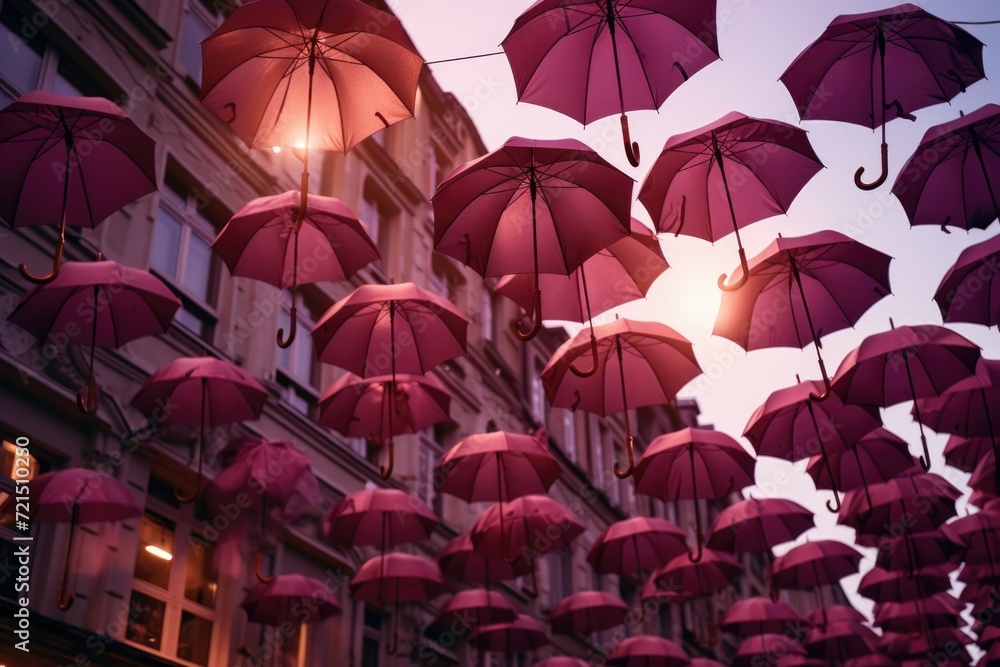 Poster A bunch of pink umbrellas hanging from a building. Perfect for adding a pop of color to any urban scene