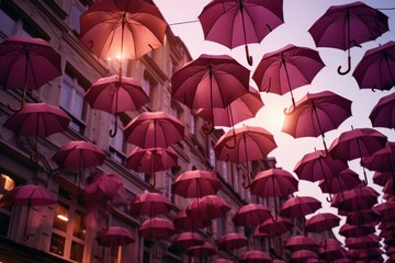 A bunch of pink umbrellas hanging from a building. Perfect for adding a pop of color to any urban scene - Powered by Adobe
