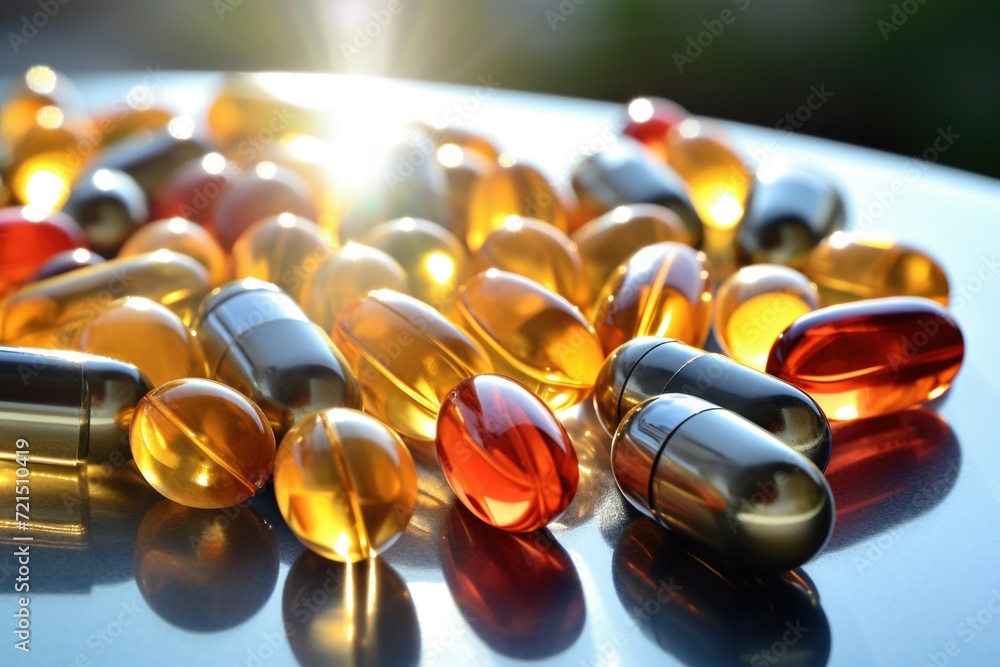 Poster a close-up view of a bunch of pills arranged neatly on a table. this image can be used to depict med