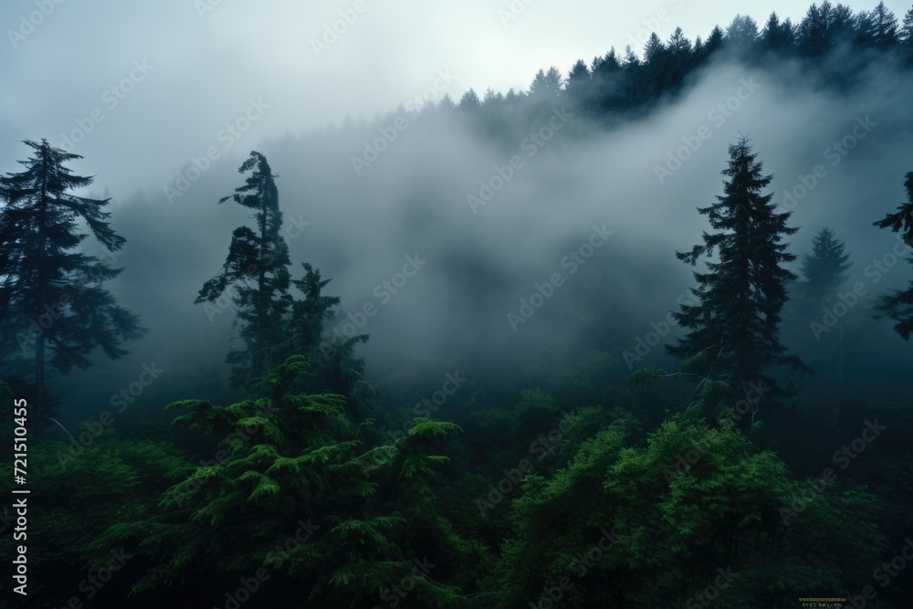 Poster A mysterious foggy forest with tall pine trees in the foreground. This image can be used to create an eerie atmosphere or to depict a serene and peaceful natural landscape