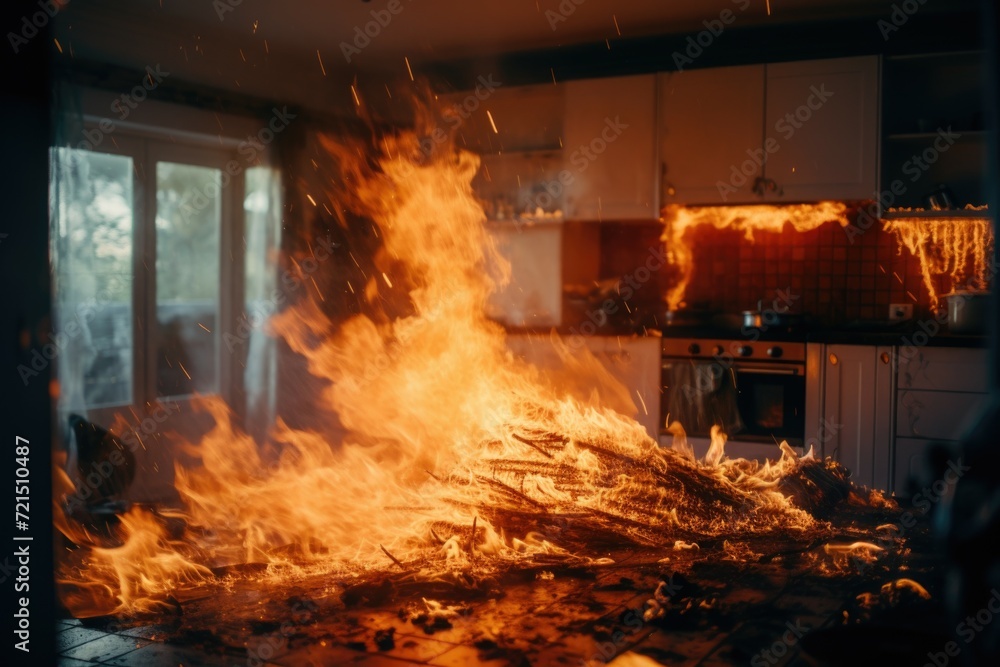 Poster a large pile of fire in the middle of a kitchen. this image can be used to depict a dangerous situat