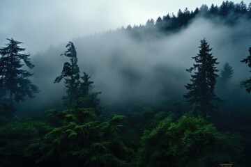 A mysterious foggy forest with tall pine trees in the foreground. This image can be used to create an eerie atmosphere or to depict a serene and peaceful natural landscape