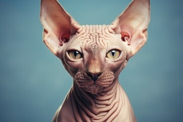 A close up view of a hairless cat with big ears. This picture can be used to showcase the unique appearance and features of hairless cats - obrazy, fototapety, plakaty