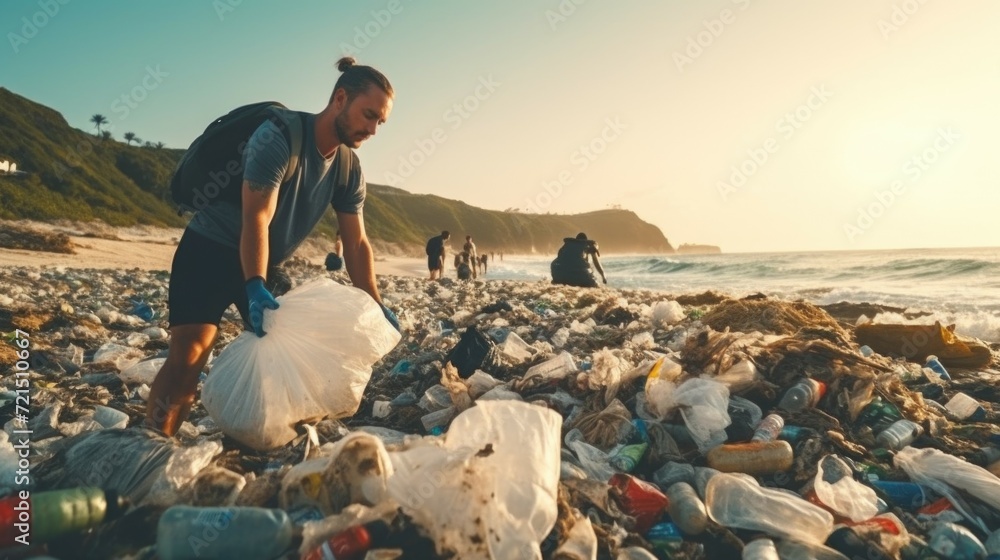 Poster a man picking up trash on the beach. suitable for environmental conservation and beach cleaning conc
