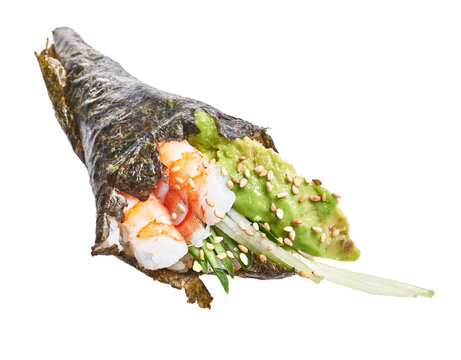  Single delicious prawn and avocado temaki sushi with sesame over isolated white background
