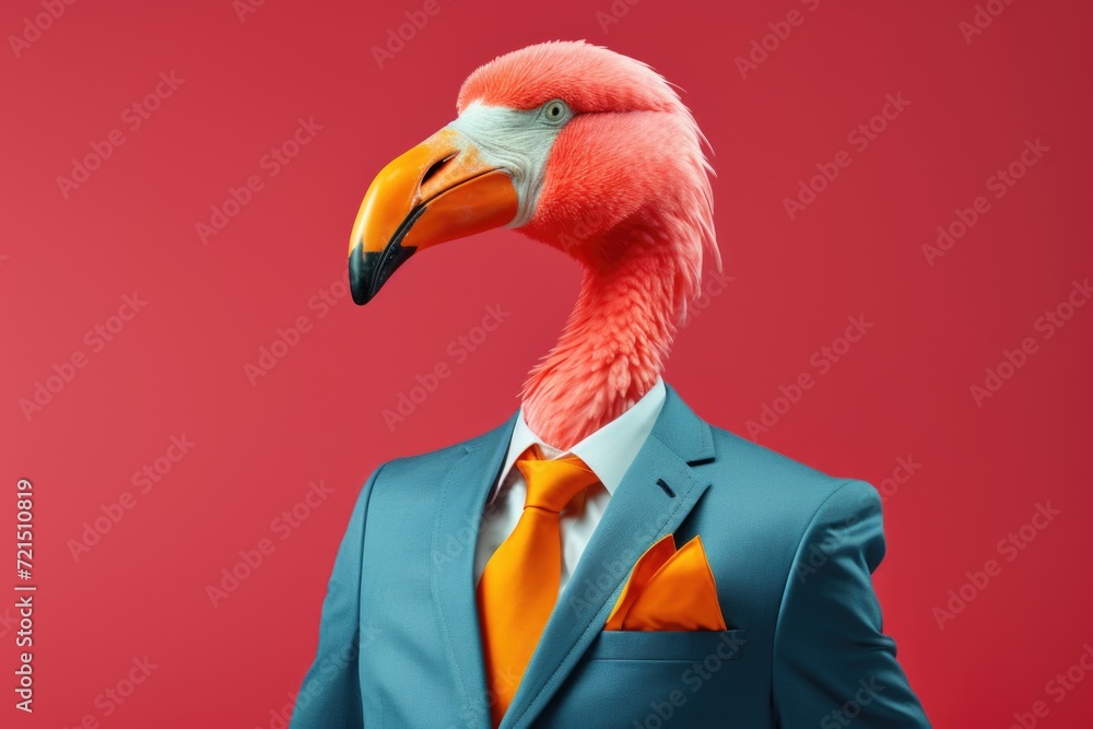 Poster flamingo wearing a suit and tie against a vibrant red background. perfect for adding a touch of eleg