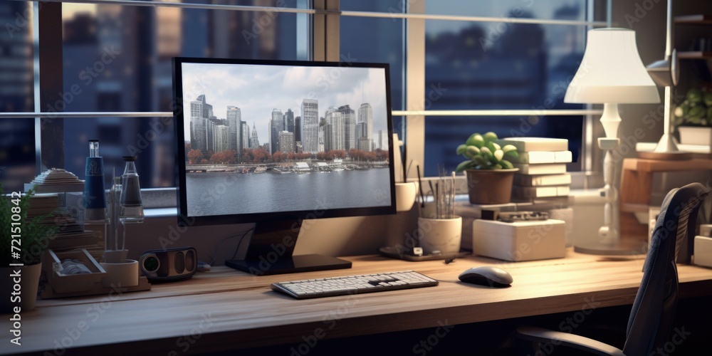 Poster a computer monitor placed on a sturdy wooden desk. suitable for illustrating workspaces, technology,
