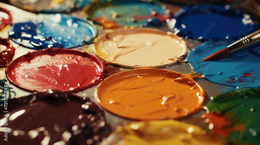 Aufkleber close-up view of a paint palette with a brush. suitable for artistic and creative projects