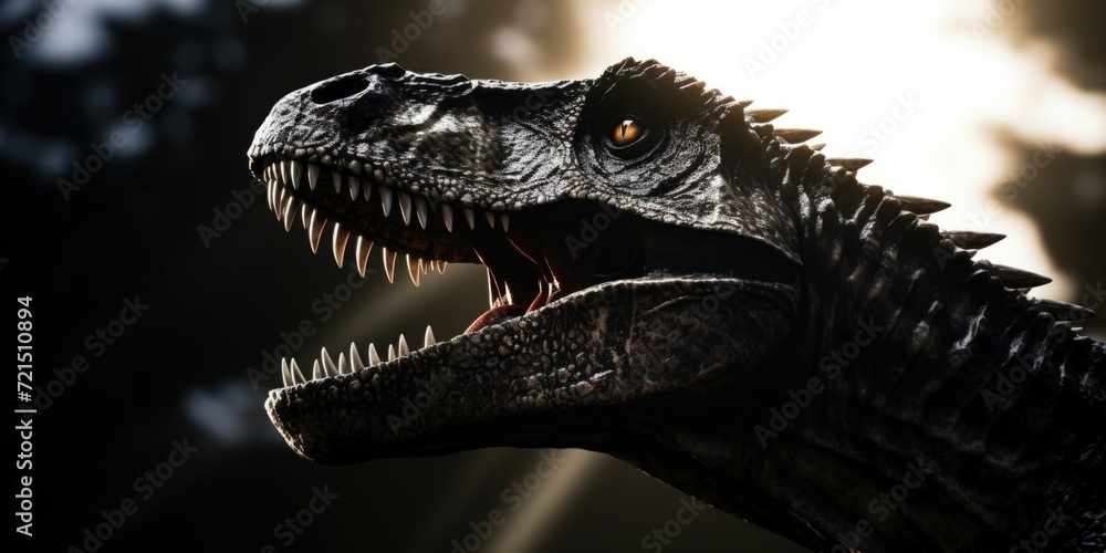 Poster a detailed close-up of a dinosaur with its mouth wide open. this image can be used to depict the fie