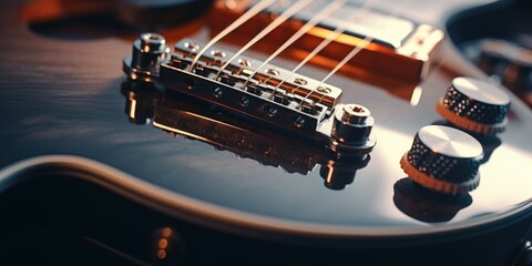 A close up photograph of an electric guitar with a black body. This image can be used to depict music, instruments, or rock and roll themes