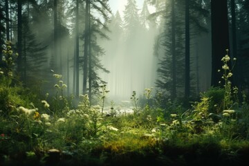 Obraz premium A scenic view of a forest filled with tall trees. Perfect for nature enthusiasts and outdoor adventure websites
