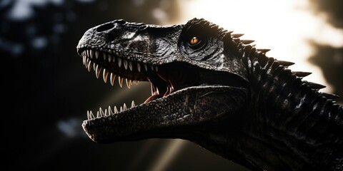A detailed close-up of a dinosaur with its mouth wide open. This image can be used to depict the...