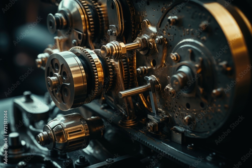 Poster A detailed view of gears on a machine. This image can be used to illustrate mechanical processes or industrial concepts