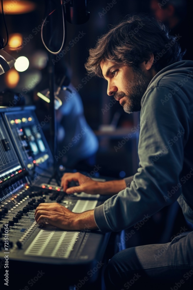 Poster A man is seated in front of a mixing desk, ready to create music or mix audio. This image can be used in various creative and professional contexts