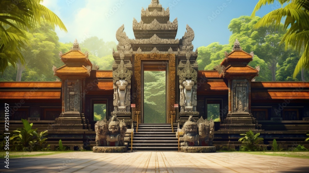 Poster a picture of statues positioned in front of a grand building. this image can be used to depict archi