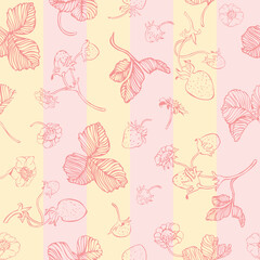 vector seamless vertical striped pattern of blooming strawberries. 