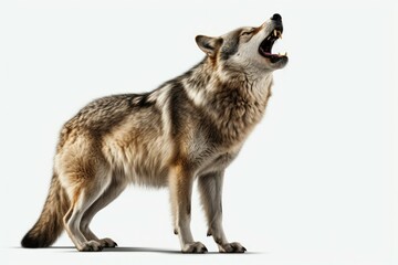 A wolf standing on a white surface with its mouth open. Suitable for wildlife and nature themes