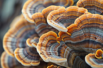 Wavy turkey tale mushroom on tree. Beautiful fungi in brown and orange colors - obrazy, fototapety, plakaty