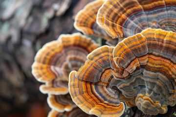 Wavy turkey tale mushroom on tree. Beautiful fungi in brown and orange colors