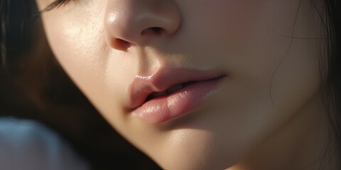A close-up view of a woman's face with her eyes closed. This image can be used to portray relaxation, meditation, or peacefulness